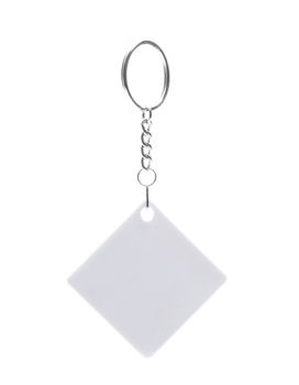 White empty square key holder with metal ring isolated on white background