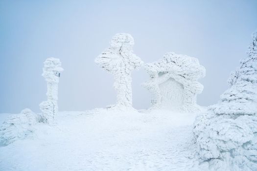 Isy cross and chapel on Petros mountain in Carpathians, Ukraine