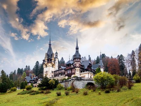 Famous Peles Castle in Romania at sanset