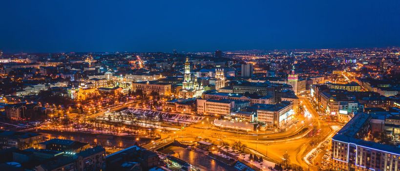 Panoramic view of lighted Kharkiv with Assumption Cathedral