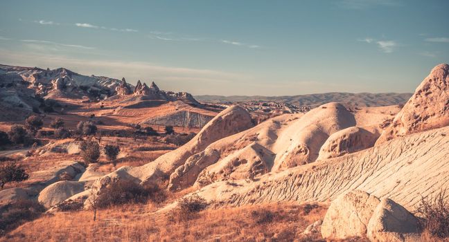 Panoramic view of canyon in Cappadocia under sunlights, Turkey