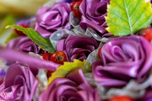 A beautiful bouquet of flowers made of purple fabric