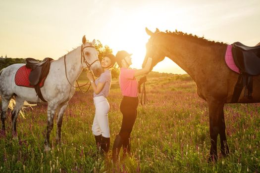 Two woman and two horses outdoor in summer happy sunset together nature. Taking care of animals, love and friendship concept.