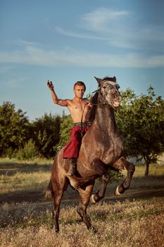 Handsome man cowboy riding on a horse - background of sky and trees. A man in red wide pants without a shirt. Show