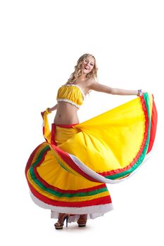 Full length portrait of dancer in mexican costume. Isolated on white