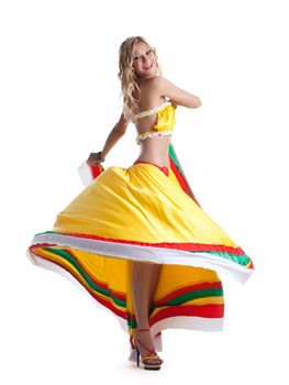 Pretty woman performing mexican dance. Isolated on white