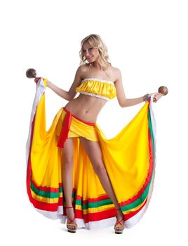 Full length portrait of dancer in mexican costume. Isolated on white