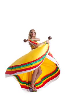 Young woman performing mexican dance. Isolated on white