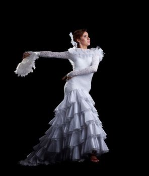 Young woman dance in white oriental flamenco costume