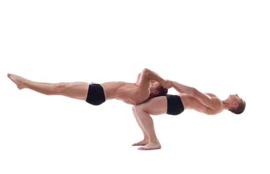 Two man posing in balance exercise isolated