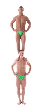 two men as gymnast stand one by one isolated