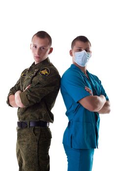 two athletic man posing in soldier and medic costume isolated