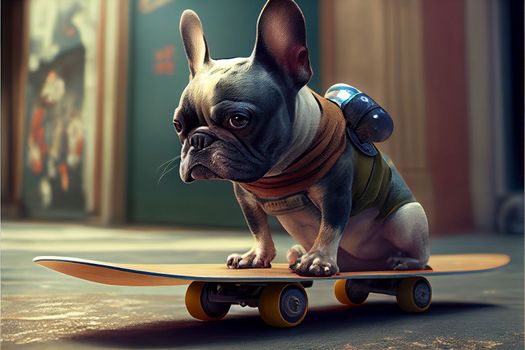 Cute French bulldog , in clothes, riding a skateboard on a city street. AI generative. Cinematic style