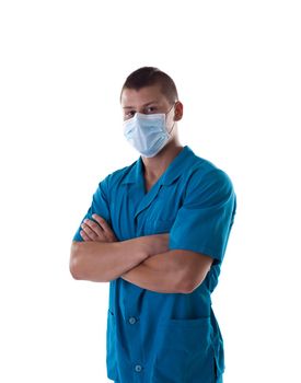 Athletic man in costume medical orderly isolated