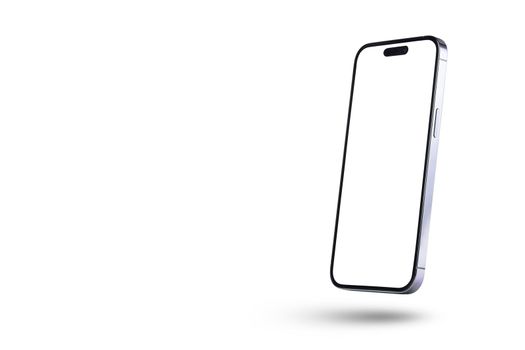 Isolate the phone with a white screen to insert into the project. The new mobile phone is isolated on a white background drops, casting a shadow