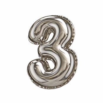 Silver foil balloon font number 3 THREE 3D rendering illustration isolated on white background