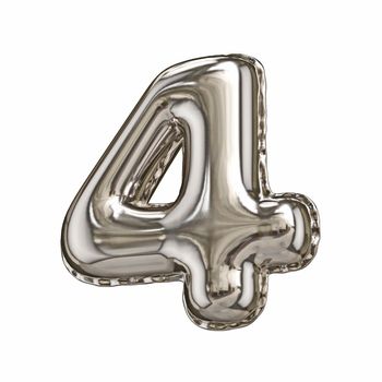 Silver foil balloon font number 4 FOUR 3D rendering illustration isolated on white background