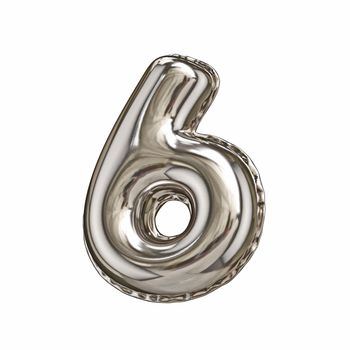 Silver foil balloon font number 6 SIX 3D rendering illustration isolated on white background