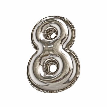 Silver foil balloon font number 8 EIGHT 3D rendering illustration isolated on white background