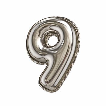 Silver foil balloon font number 9 NINE 3D rendering illustration isolated on white background