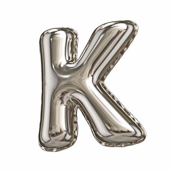 Silver foil balloon font letter K 3D rendering illustration isolated on white background