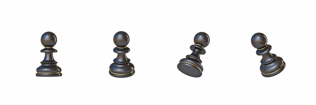 Black chess Pawn in four different angled views 3D rendering illustration isolated on white background