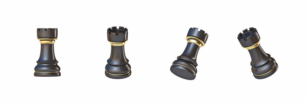 Black chess Rook in four different angled views 3D rendering illustration isolated on white background