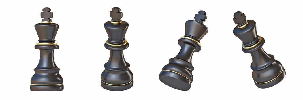 Black chess King in four different angled views 3D rendering illustration isolated on white background