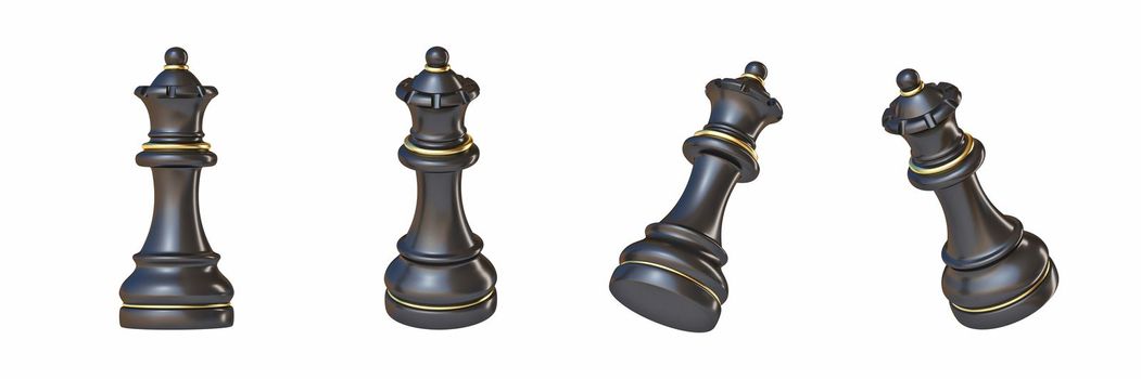Black chess Queen in four different angled views 3D rendering illustration isolated on white background