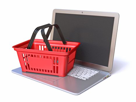 Red shopping basket on laptop 3D rendering illustration isolated on white background