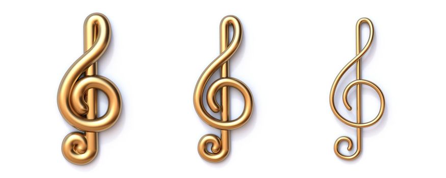 Set of Three golden treble clef 3D rendering illustration isolated on white background