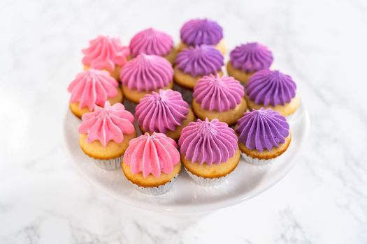 Freshly baked mini vanilla cupcakes with ombre pink buttercream frosting on a white cake stand.