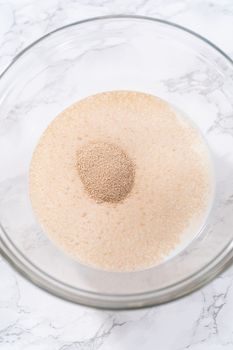 Activating dry yeast in a glass mixing bowl to prepare dinner rolls.