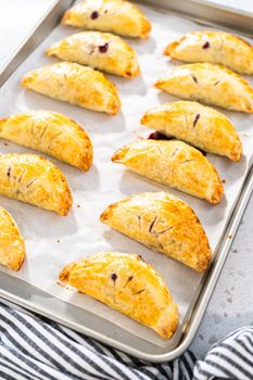 Freshly baked sweet empanadas with blueberries on the kitchen counter.