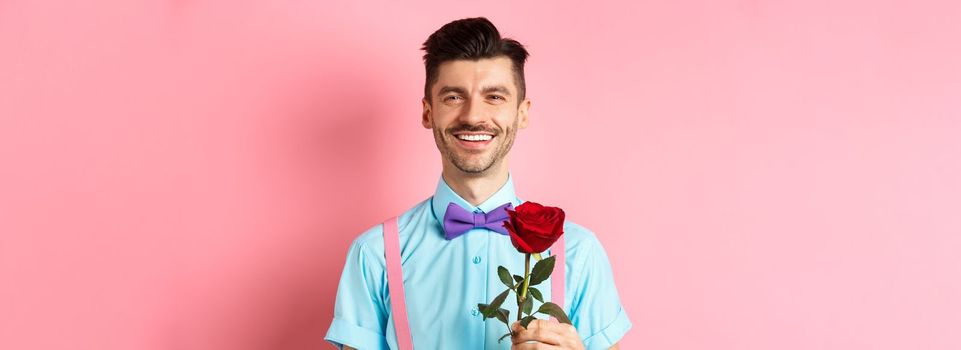 Attractive fancy guy waiting for date on lovers date, holding red rose and smiling, standing on romantic pink background. Valentines day concept.