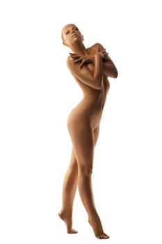 Beauty naked woman body like metal statue with metal make-up