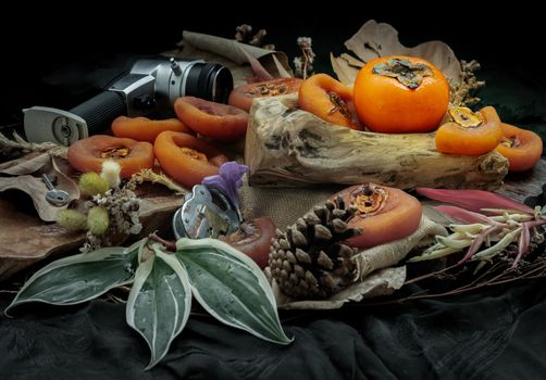 One fresh ripe persimmon fruit with Dried persimmons on dark background. Winter fruit, Selective Focus.