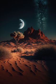 Desert landscape at night with moon and stars. download image