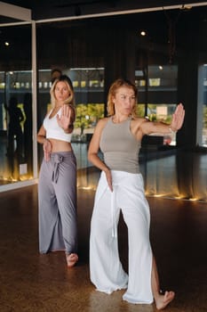 Two beautiful women are doing yoga standing up in the fitness room.