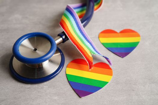 LGBT symbol, Stethoscope with rainbow ribbon, rights and gender equality, LGBT Pride Month in June.