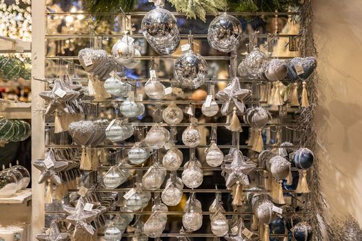 Christmas decorations for sale detail in a shop