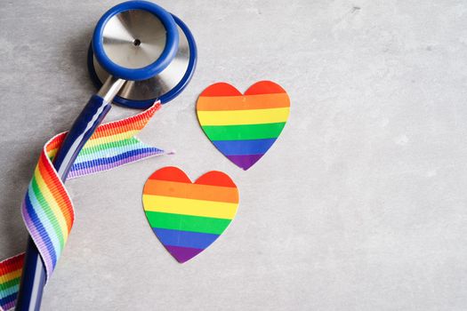 LGBT symbol, Stethoscope with rainbow ribbon, rights and gender equality, LGBT Pride Month in June.