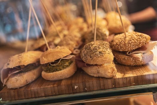 snack sandwiches on cutting board detail food