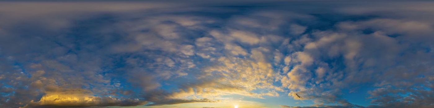 Dark blue sunset sky panorama with pink Cumulus clouds. Seamless hdr 360 pano in spherical equirectangular format. Full zenith for 3D visualization, game, sky replacement for aerial drone panoramas