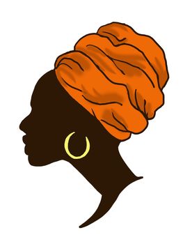 portrait in profile of an african american woman in an orange headscarf, illustration.