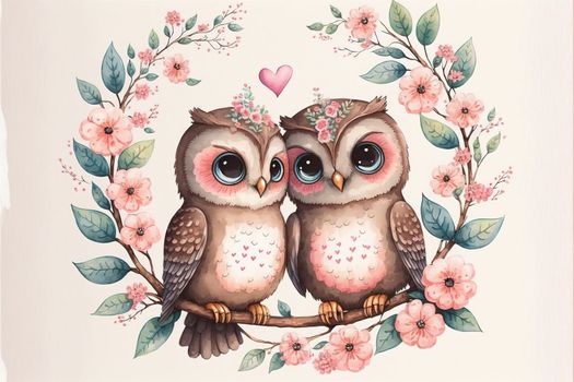 Cute little owl in love on romantic Valentine's day hand drawn cartoon style. Generative AI