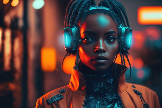 African woman wearing virtual reality goggles standing in virtual world background . Concept of virtual reality technology , gaming simulation and metaverse. Peculiar AI generative image.