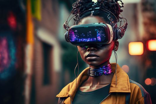 African woman wearing virtual reality goggles standing in virtual world background . Concept of virtual reality technology , gaming simulation and metaverse. Peculiar AI generative image.