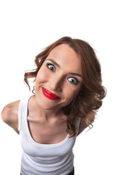 Funny young woman with big head gisheye portrait in tank top isolated