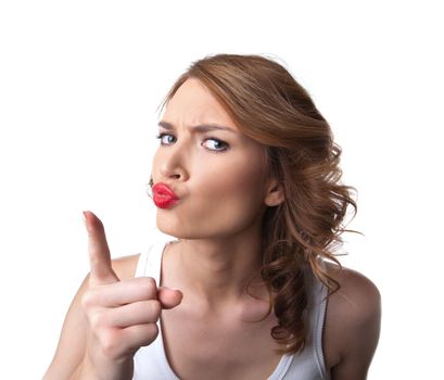 funny woman in tank top show finger attention emotion isolated
